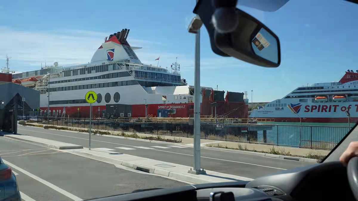 Spirit of Tasmania ships at their berths, seen through the van windscreen at the Geelong terminal