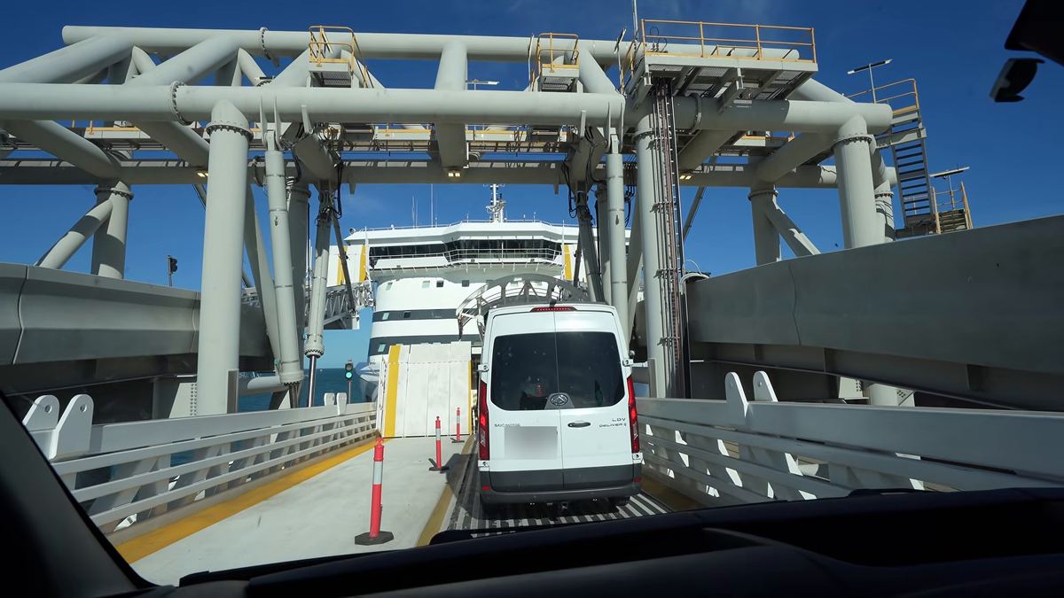 View from the van driving up the boarding ramp onto the ship at Geelong
