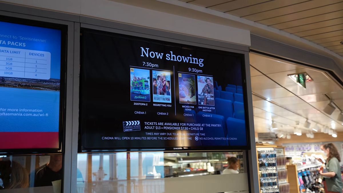 The "Now showing" screen outside the onboard cinema