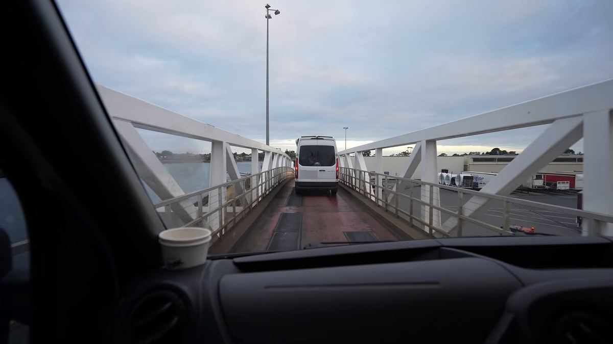 View through the windscreen driving off the ship at Devonport